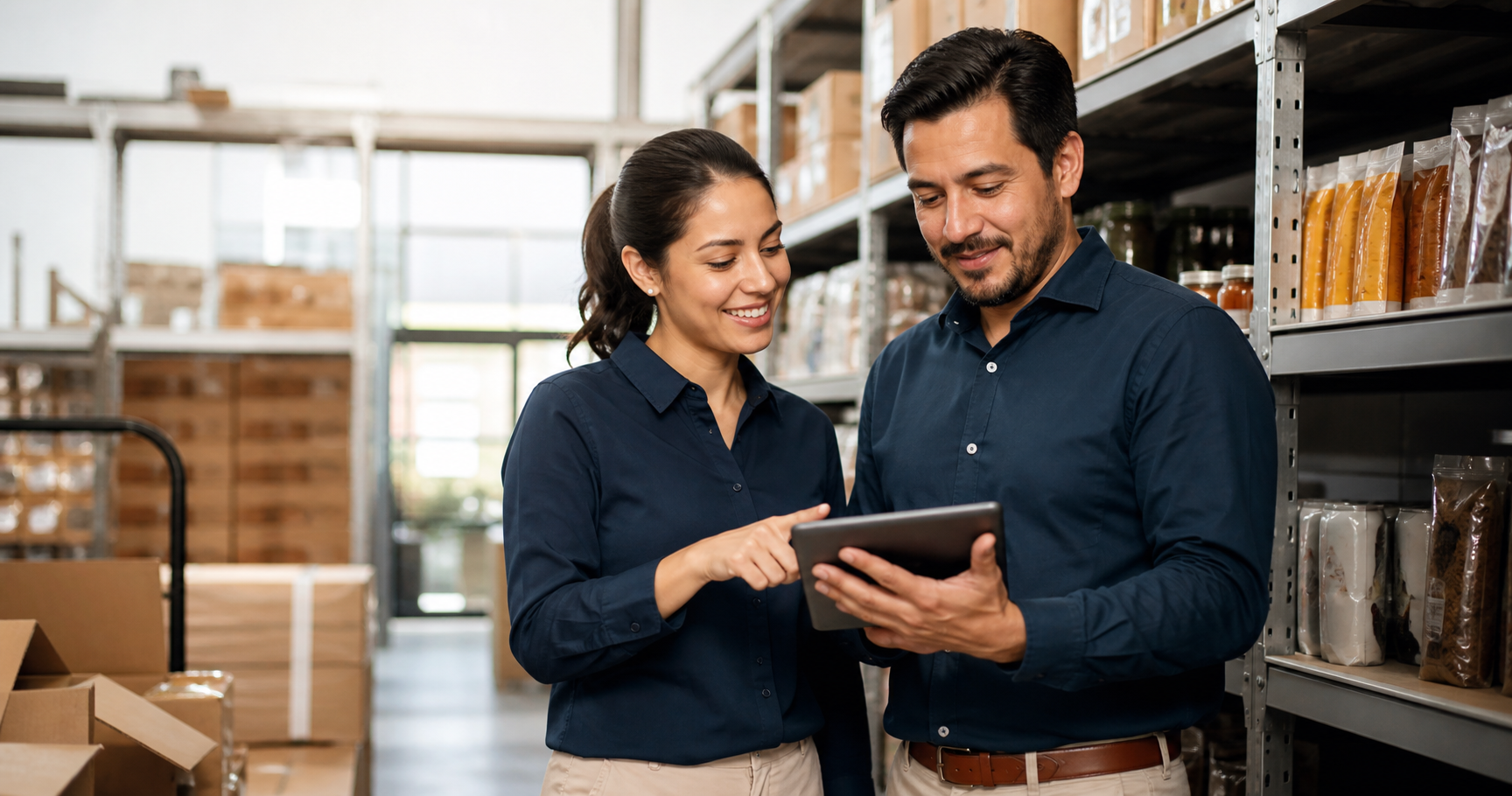 Equipo de comercio revisando inventario con una tableta